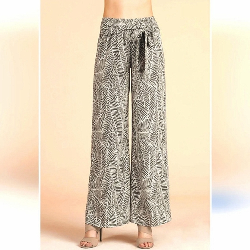 FAB'RIK palm print palazzo wide leg pants with sash tie in Size small